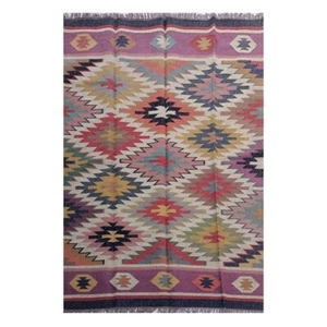 Wool and Jute Rug Kilim Rug Living Room Bedroom Rug Indian Handwoven Kilim - Picture 1 of 7