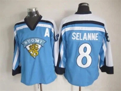 Youth/Mne 90's Selanne #8 Team Finland Hockey Jersey Blue Stitched Custom S-6XL - Image 1 of 3
