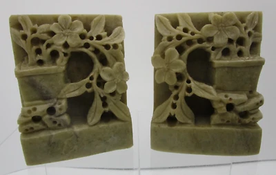 Pair of Chinese Asian Hand Carved Soapstone Flower Floral BOOKENDS Vintage - Image 1 of 4