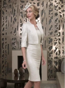 John Charles Womens White Gold Beaded Organza Occasion Dress Suit Wedding UK 14 - Picture 1 of 3