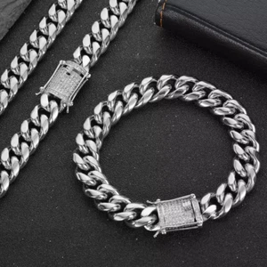 Miami Cuban Link Bracelet Chain Set White Gold Stainless Steel With CZ Clasp - Picture 1 of 17