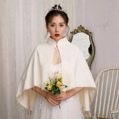 Bride Wedding Party Shawl Tops Women Silk Satin Cape with Tassels Evening Blouse - Image 1 of 3