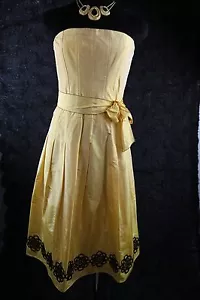Kay Unger Yellow With Black Floral Trim 100% Silk Strapless Dress 2 XS $585 - Picture 1 of 6