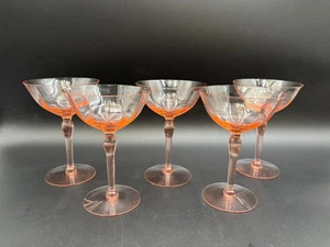 5er Set ~ getäfelte Optik Rosa Depression Champagner/Sherbet Stiel Gläser ~ 6" hoch - Bild 1 von 7