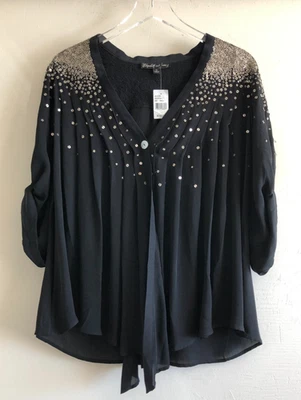 $365 NWT Elizabeth & James Sz S Silk Silver Sequin Black Blouse Roll Tab Sleeve - Image 1 of 4