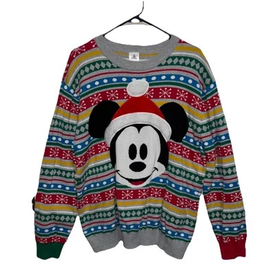 RARE!! Disney Parks Mickey Mouse Striped Family Christmas Sweater Mens Large - Image 1 of 4