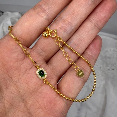 Pulsera de plata de ley 925 4x3 mm cadena de circón de piedras preciosas esmeralda natural para mujer Foto 1 de 4