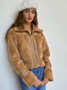 Women’s Genuine Shearling Leather Jacket Camel Tan Aviator Zip - Up Winter Coat - Picture 1 of 16