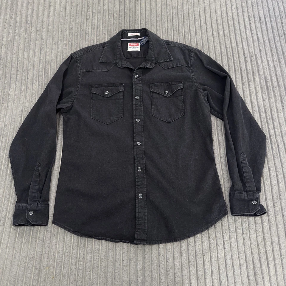 Wrangler Western Shirt Mens M Black Denim Cowboy Pearl Snap Work Heavy Weight - Image 1 of 4