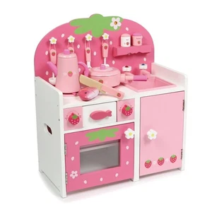 Pink wooden play kitchen with grill and 11 small items. - Picture 1 of 9