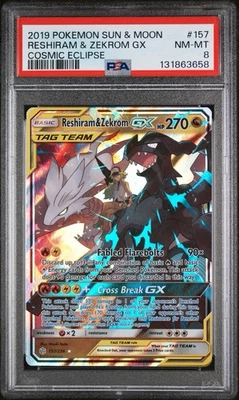 2019 Pokémon Sun & Moon Cosmic Eclipse Reshiram Zekrom GX 157/236 PSA 8 - Image 1 of 3