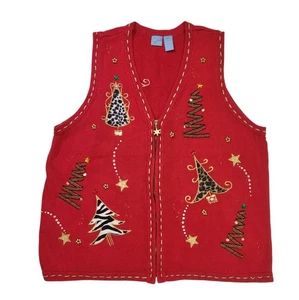 Holiday Editions Women's 2X Red Christmas Trees Leopard Zebra Knit Sweater Vest - Picture 1 of 11