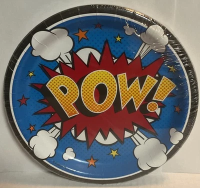 Superhero Slogan “POW”  - 6 7/8” Dessert Paper Plates 8ct New sealed - Image 1 of 2