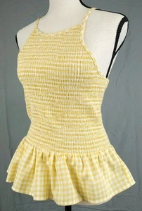 Angie Light Yellow Smocked Ruffled Gingham Cottagecore Top Sz S 100% Cotton - Picture 1 of 12