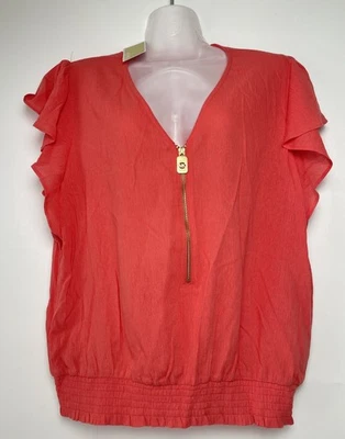 MK Michael Kors Orange Top Flutter Sleeves Smocked hips Women sz Large - Image 1 of 4