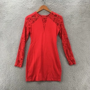 Guess Bodycon Dress Womens S Red Solid Round Neck Floral Lace Long Sleeve Casual - Picture 1 of 12