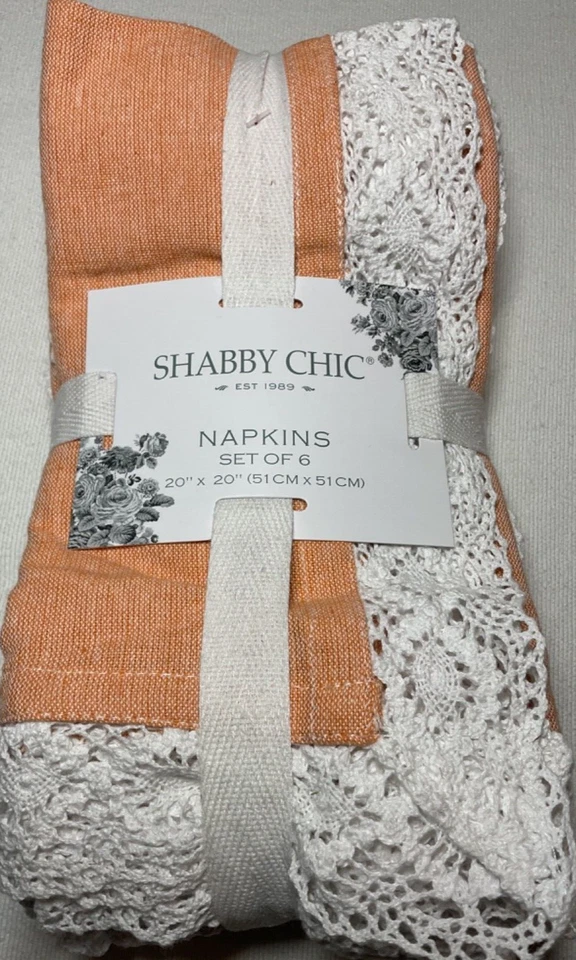 SHABBY CHIC NAPKINS (6) ORANGE WITH WHITE LACE BORDER 20 X 20 100% COTTON NIP - Image 1 of 1