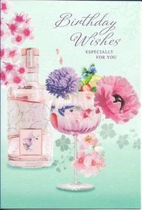 OPEN FEMALE HAPPY BIRTHDAY GREETING CARD 7"X5" GIN COCKTAIL FLOWERS - Picture 1 of 2