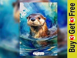 Charming Otter Swimming in Water, Watercolor Painting Print 5"x7" on Matte Paper - Picture 1 of 7
