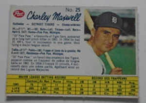 Charley Maxwell  1962 Post cereal card Canadian - Picture 1 of 1