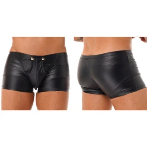 Man Wet Look Faux Leather Boxer Shorts Press Button Bulge Pouch Booty AU - Picture 1 of 16