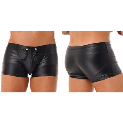 Man Wet Look Faux Leather Boxer Shorts Press Button Bulge Pouch Booty Shorts - Image 1 of 2