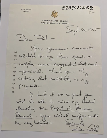 Senator Dan Coats Autograph Letter Signed - To NY Senator Daniel P. Moynihan Cover