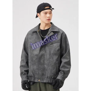 Giacca cargo retrò da uomo stile USA pelle PU outwear giacca da volo cappotto baseball - Foto 1 di 26