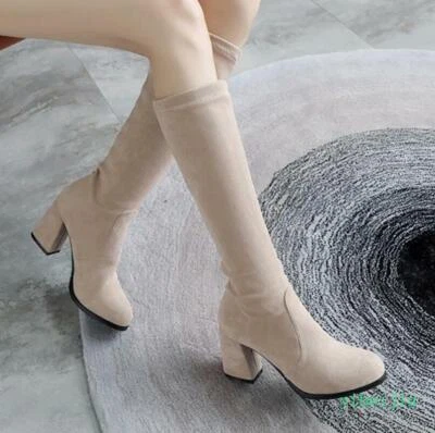 Botas hasta la rodilla de punta redonda para mujer Tacón bloque Imitación Gamuza Zapatos de caballero Talla grande Foto 1 de 4