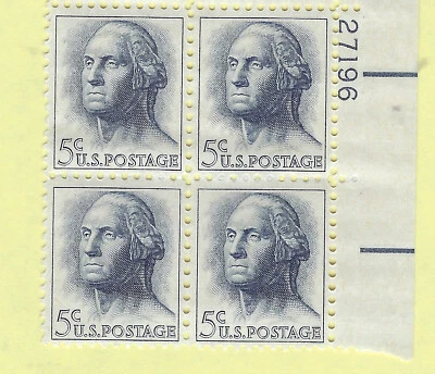 US STAMP SCOTT #1213 GEO WASHINGTON 5¢    1962  PLATE BLOCK  MINT  NO HINGE  OG - Image 1 of 2