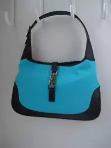 ~Nuevo~ Bolso de Hombro GUCCI Turquesa Lona/Caja Negra Cuero SHW JackieO - Imagen 1 de 8