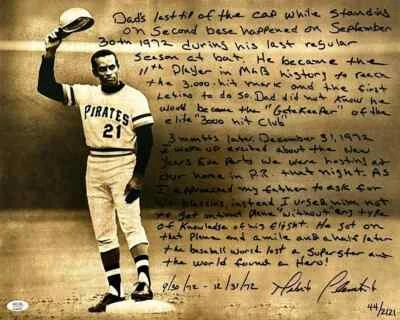 Roberto Clemente Jr. Signed Roberto Clemente Sr. 16x20 Photo / Inscription (PSA) - Image 1 of 4