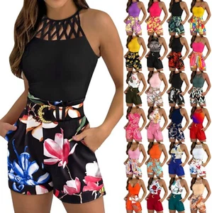 Women's Two Pieces Set Sleeveless Floral Tank Tops & Shorts Outfits With Belt - Picture 1 of 96