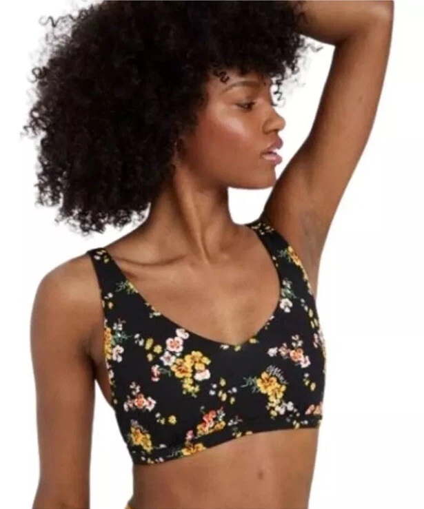 Offline By Aerie Goals True Black Floral Plunge Sports Bra Size Medium