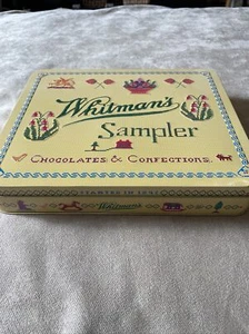 Whitman's Sampler Stitched Needlework Collectible Tin Storage Box Hinged Lid 10” - Picture 1 of 15