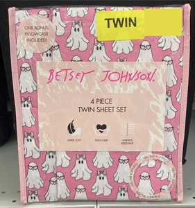 Set lenzuola gemelle Betsey Johnson Halloween Hey Boo Ghosts fiocchi cuori 4 pezzi nuove con etichette - Foto 1 di 2
