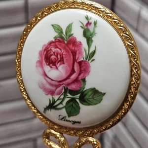 VTG Limoges Small Porcelain Hand Held Mirror Pink Roses Gold Tone Design Signed - Picture 1 of 6