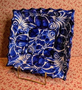 Talavera Inspired Pottery Serving Bowl~Blue White Florals~Vintage Mexico 11" - Picture 1 of 13