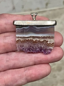 Amethyst Geode Slice Pendant Sterling Silver Banded Agate Pendant / Brooch #A-9 - Picture 1 of 4