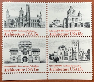US American Architecture, Plate Block of 4 1980 15¢ Stamps (Scott # 1841a) MNH - Image 1 of 2