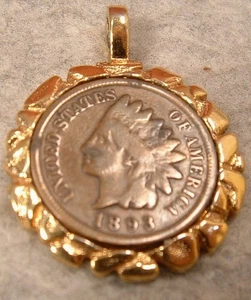 Antique 1893 US Indian Head Penny With Gold Tone Metal Bezel Pendant - Picture 1 of 4