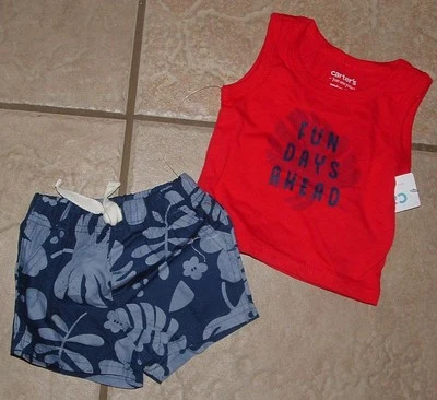 NEW NWT Boys Sz Newborn Blue Print Shorts & Red Sleeveless Shirt 2 Pc Outfit - Image 1 of 2