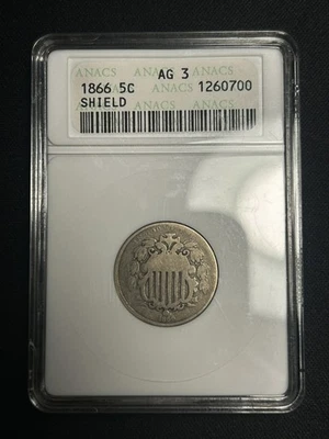 1866 Shield Nickel With Rays AG3 Anacs Soapbox Holder Nice Lowball Type Coin - Image 1 of 2