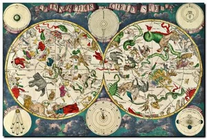 Beautiful Vintage Illustrated World Map with Constellations CANVAS PRINT A3 - Picture 1 of 1