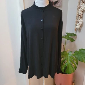 Eileen Fischer Black Button-Down Top Long Sleeve Mock Neck Blouse Shirt XS Sheer - Picture 1 of 6