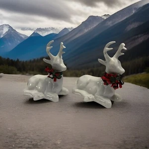 2 Vintage 1980s Christmas White Ceramic Lying Reindeer Figurine Red  Bow 7” X 8” - Picture 1 of 16