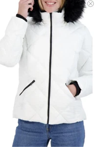 Nordstrom Shebby Diamond Quilt Faux Fur Collar Short Puffer Jacket White XL $110 - Picture 1 of 9