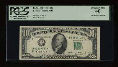 DBR 1950-E $10 FRN New York Fr. 2015-B PCGS XF-40 Serial B53618921K - Image 1 of 2