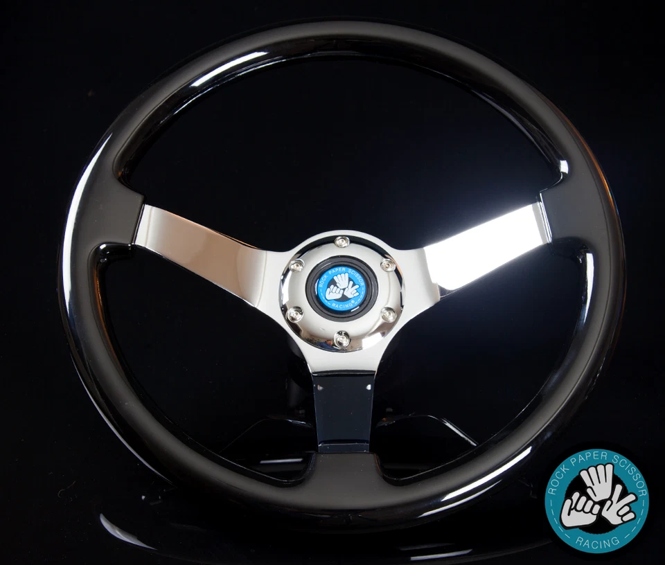 BLACK WOOD CHROME TRIM STEERING WHEEL DEEP 6 BOLT WITH HORN BUTTON - Image 1 of 1