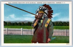 CHEROKEE INDIAN NATIVE w/BLOW GUN NORTH CAROLINA VINTAGE LINEN POSTCARD - Picture 1 of 2